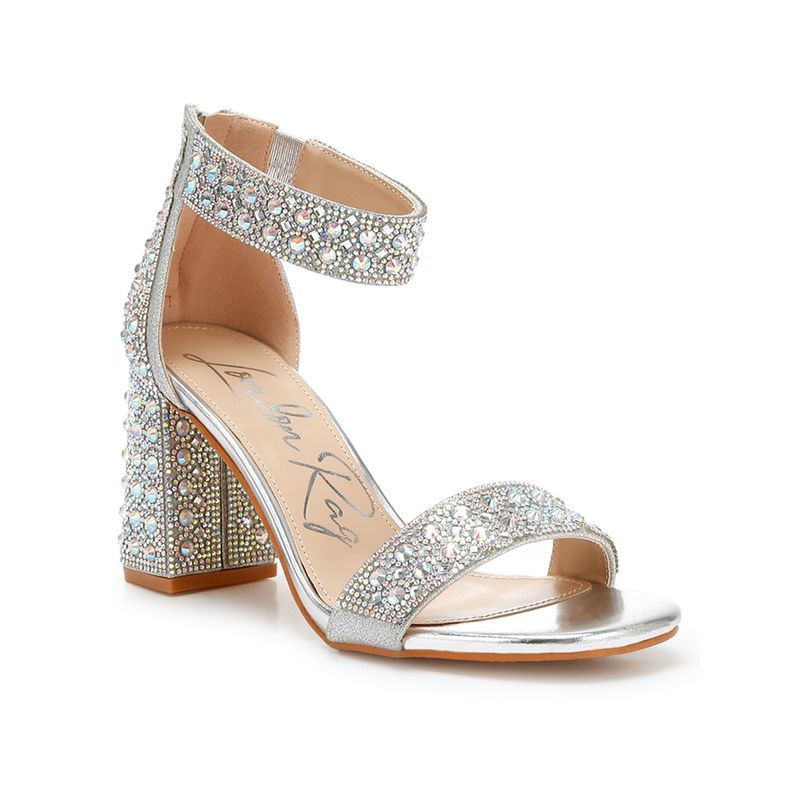 London Rag Rhinestones and Sequins Block Silver Sandal Heels (UK 4)