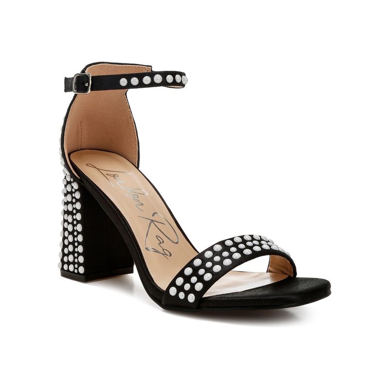 London Rag Pearls Embellished Satin Black Sandal Heels (UK 4)