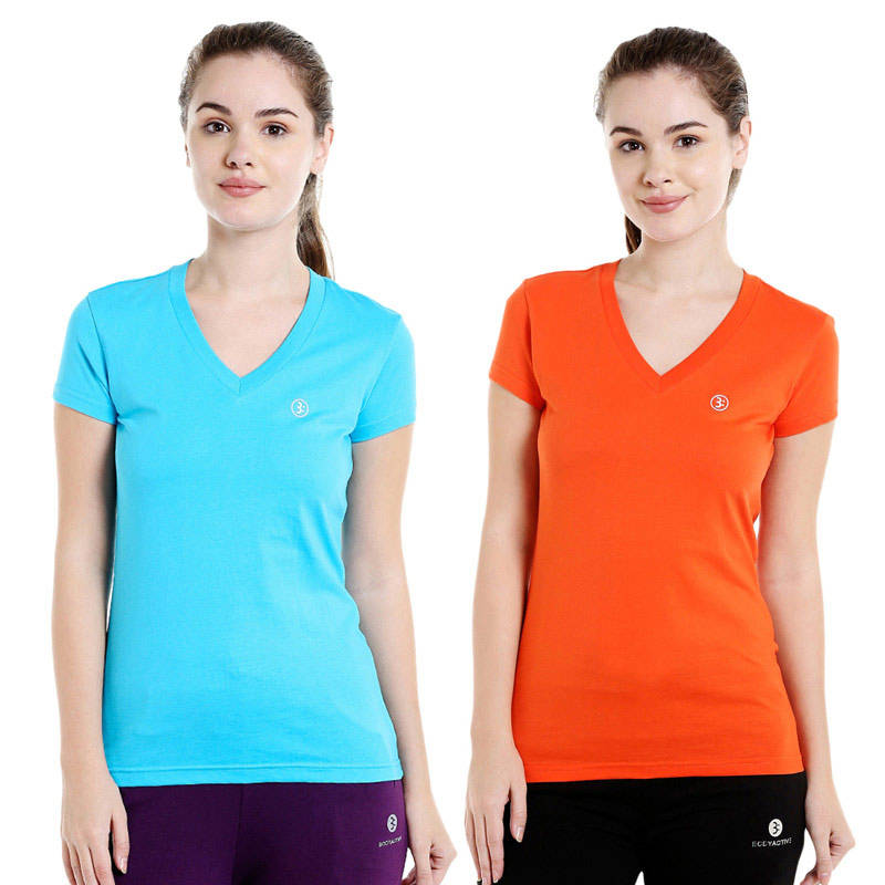 Bodyactive Multi Color T-shirt for Women - TS14-DPORGTUR-2PCS-S