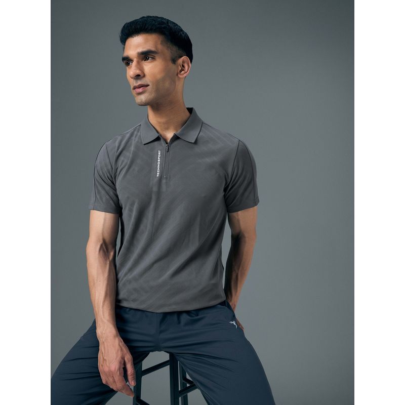 Technosport Men Grey Jacquard Slim Fit Polo T-Shirt (M)