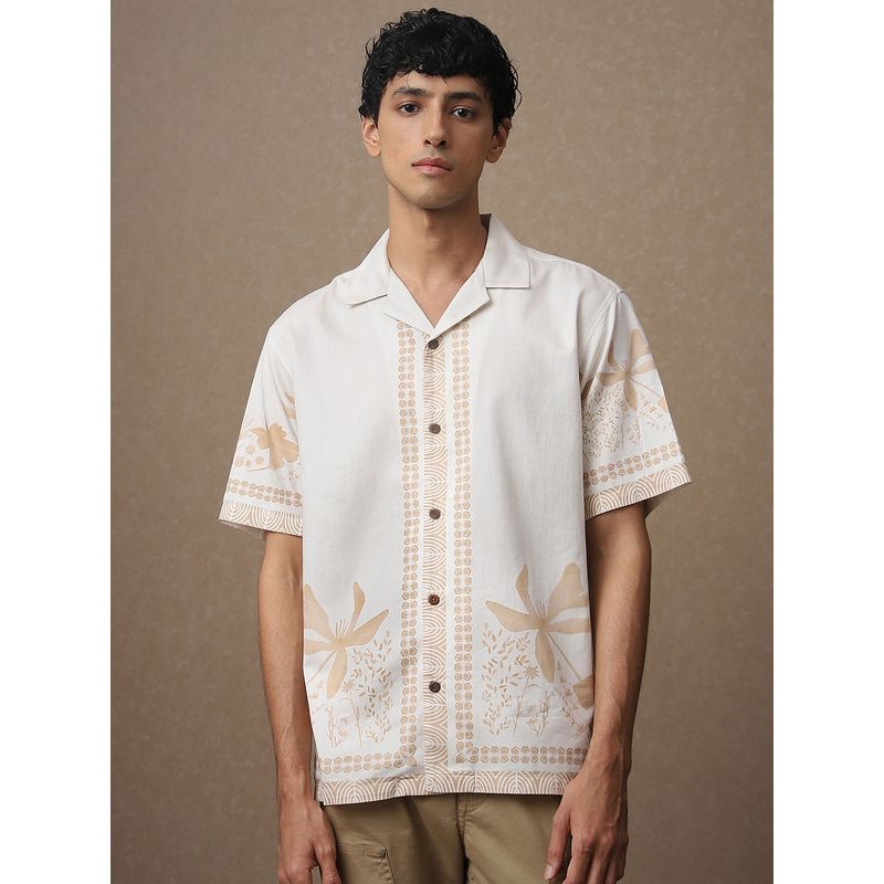Mufti Men Off White Floral Loose Fit Shirt (XL)