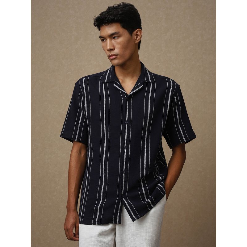 Mufti Men Navy Blue Stripes Loose Fit Shirt (M)