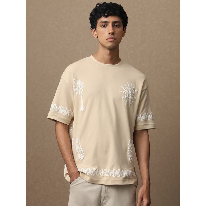 Mufti Men Beige Embroidered Loose Fit T-Shirt (L)
