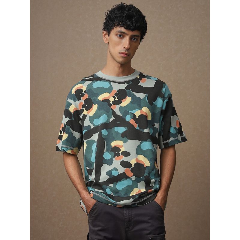 Mufti Men Olive Camouflage Loose Fit T-Shirt (M)
