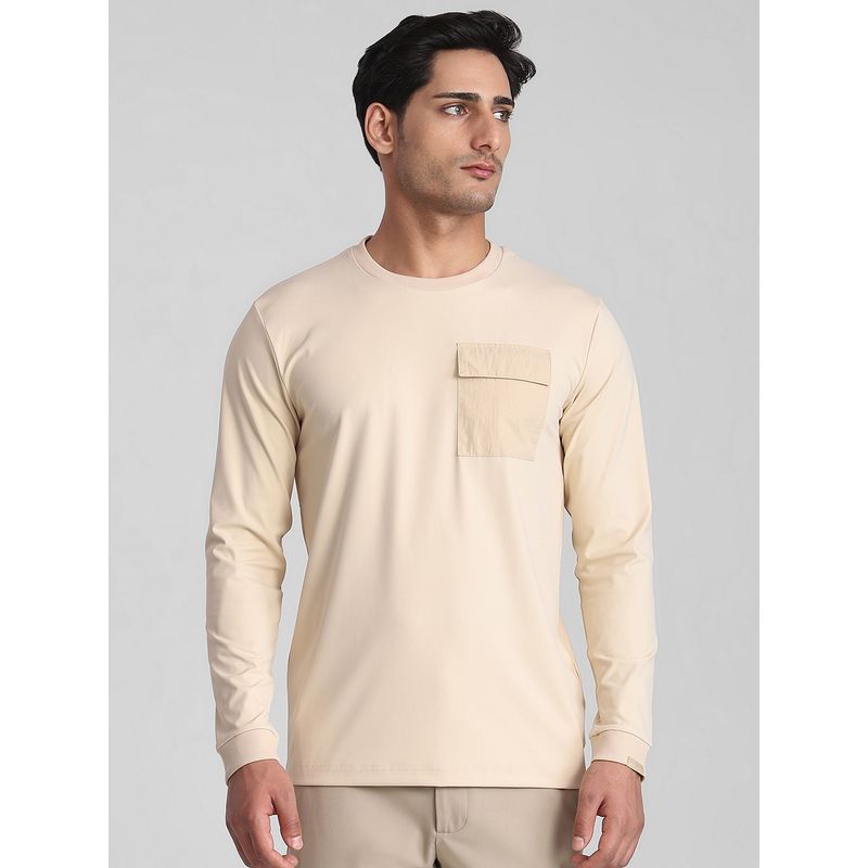 Mufti Men Beige Solid Slim Fit T-Shirt (L)