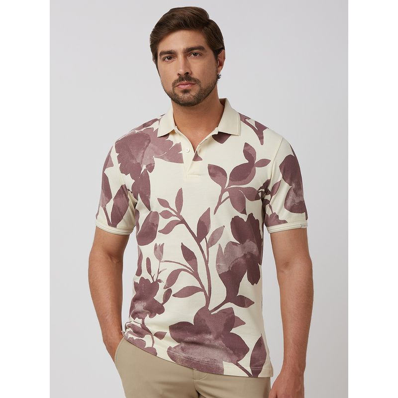 Mufti Men Off White Floral Slim Fit Polo T-Shirt (M)