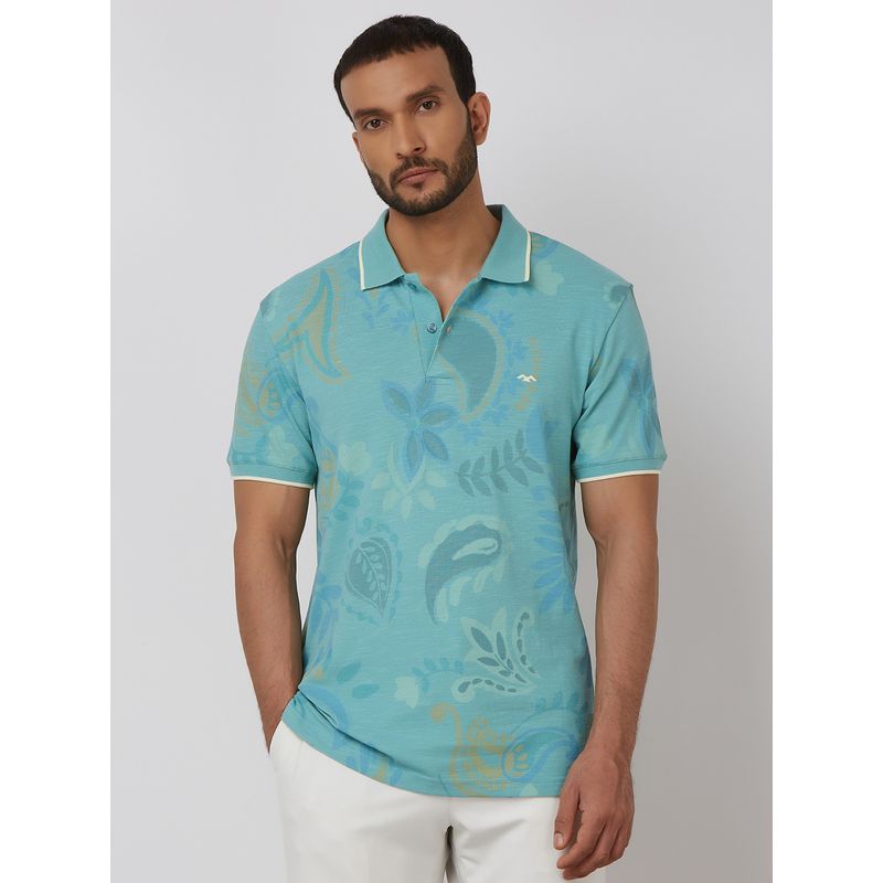 Mufti Men Teal Paisley Slim Fit Polo T-Shirt (M)