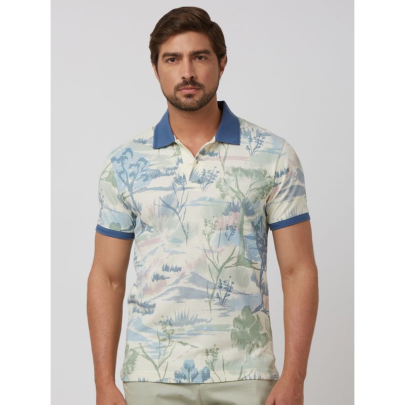Mufti Men Off White Printed Slim Fit Polo T-Shirt (M)