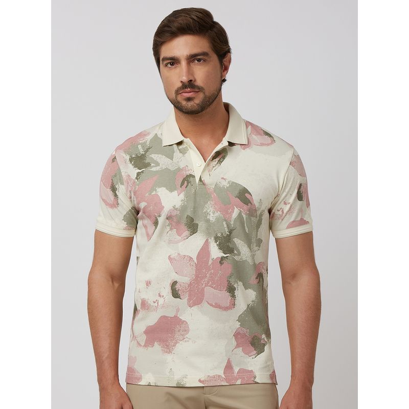 Mufti Men Off White Floral Slim Fit Polo T-Shirt (M)