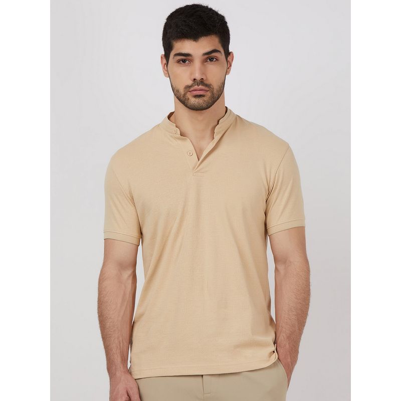Mufti Men Beige Solid Slim Fit T-Shirt (L)