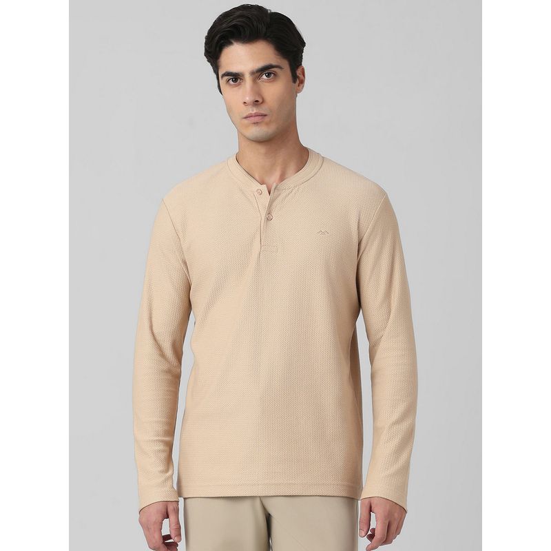 Mufti Men Beige Textured Slim Fit T-Shirt (XL)