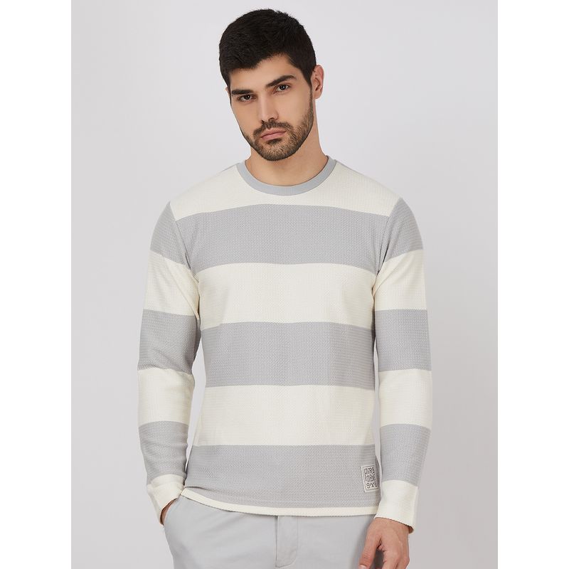 Mufti Men Grey Stripes Slim Fit T-Shirt (XL)