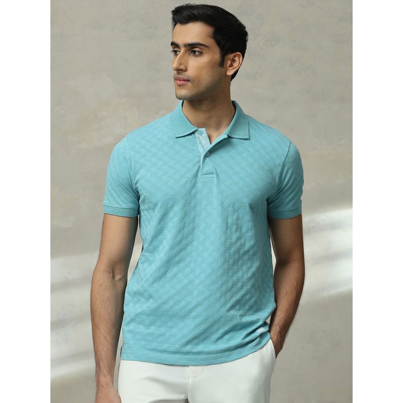 Mufti Men Turquoise Geometric Slim Fit Polo T-Shirt (M)