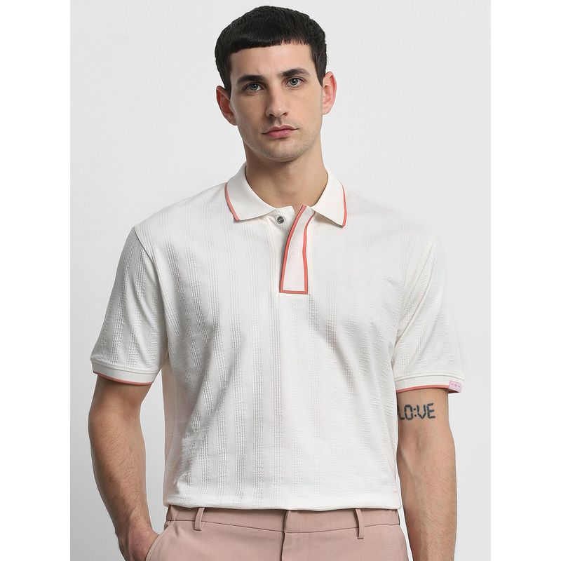 Mufti Men White Stripes Regular Fit Polo T-Shirt (L)