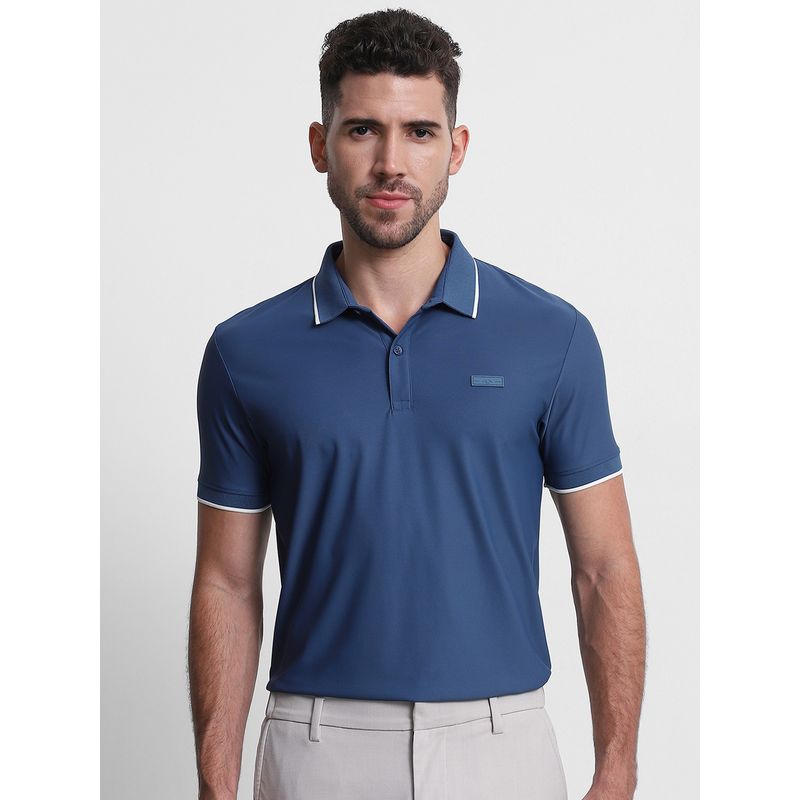 Mufti Men Blue Solid Slim Fit Polo T-Shirt (M)
