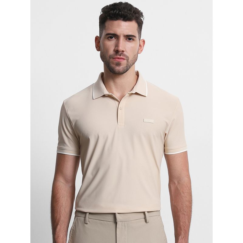 Mufti Men Beige Solid Slim Fit Polo T-Shirt (M)