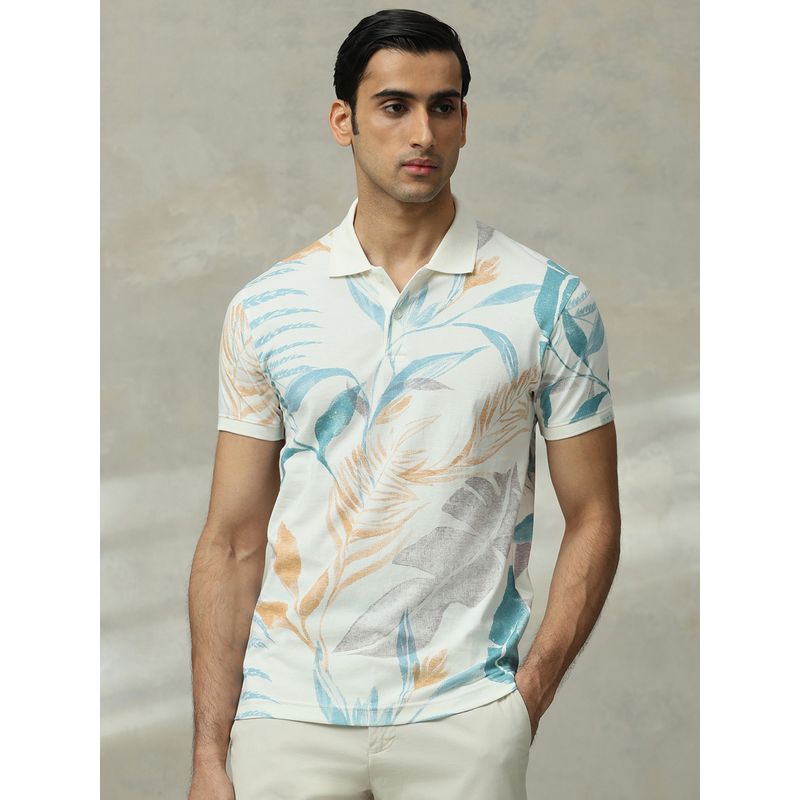 Mufti Men Off White Floral Slim Fit Polo T-Shirt (XL)