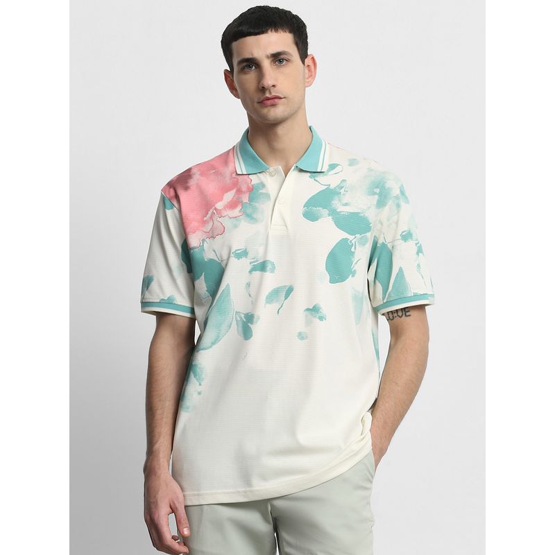Mufti Men Off White Floral Regular Fit Polo T-Shirt (XL)