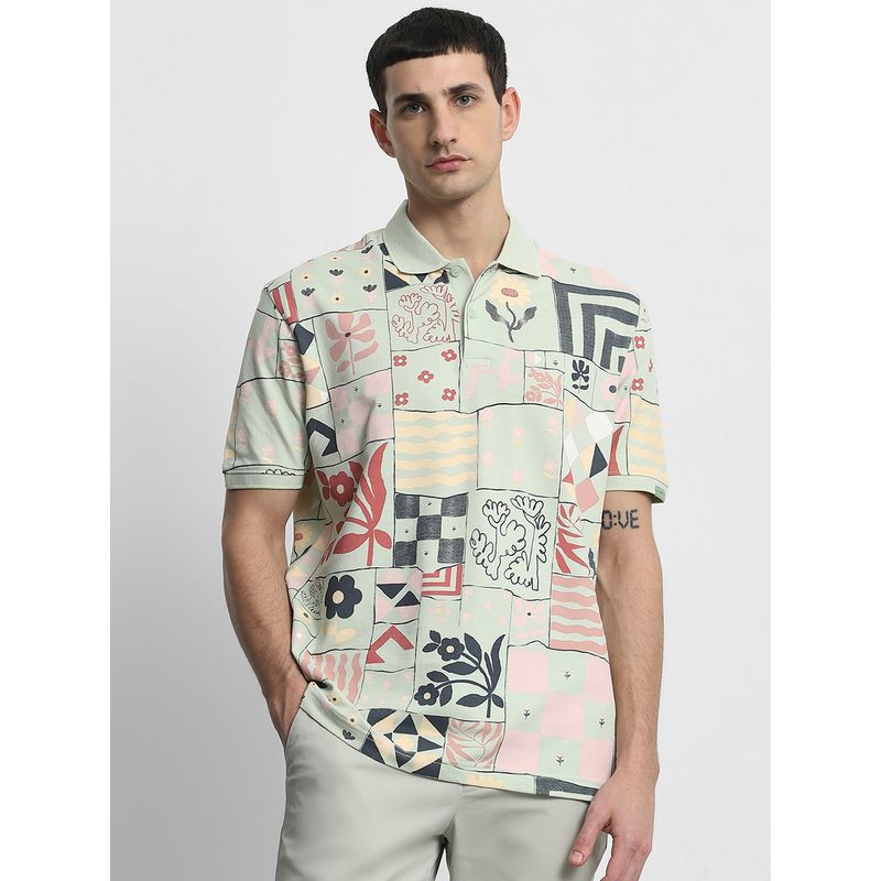 Mufti Men Green Floral Regular Fit Polo T-Shirt (4XL)
