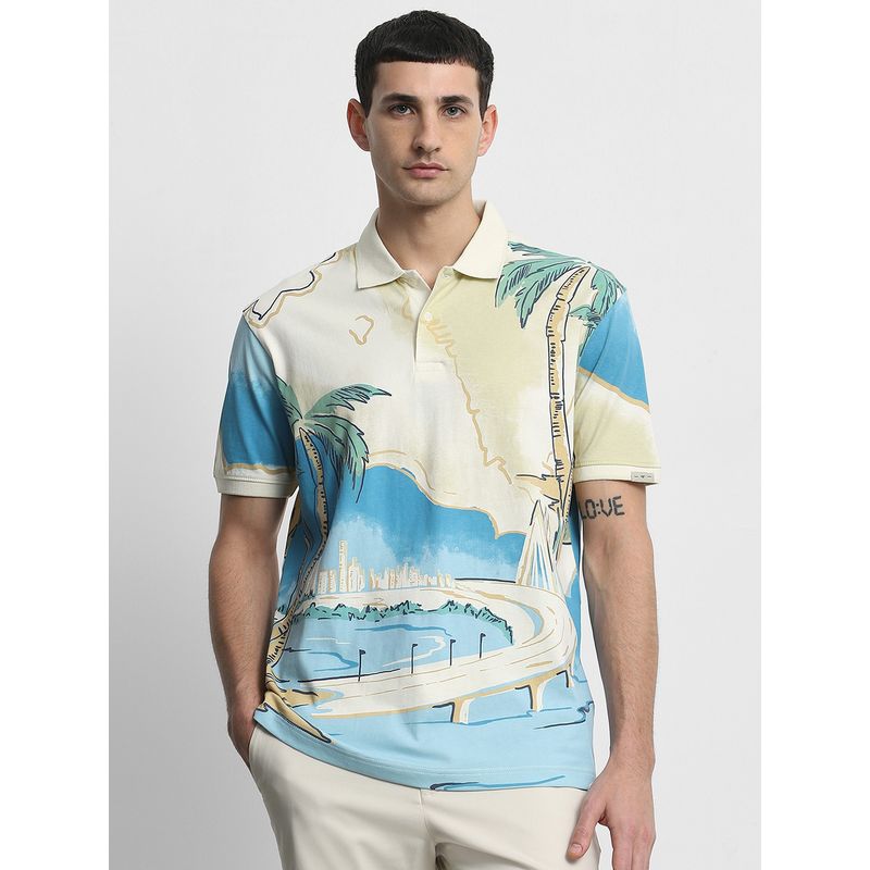 Mufti Men Off White Printed Regular Fit Polo T-Shirt (L)