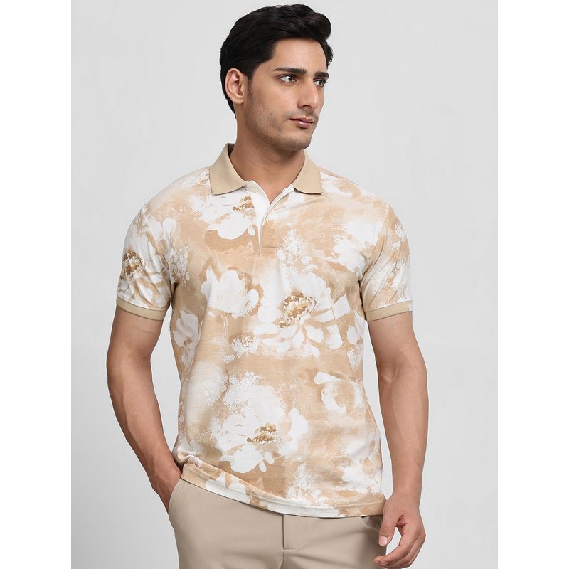 Mufti Men Beige Floral Slim Fit Polo T-Shirt (M)