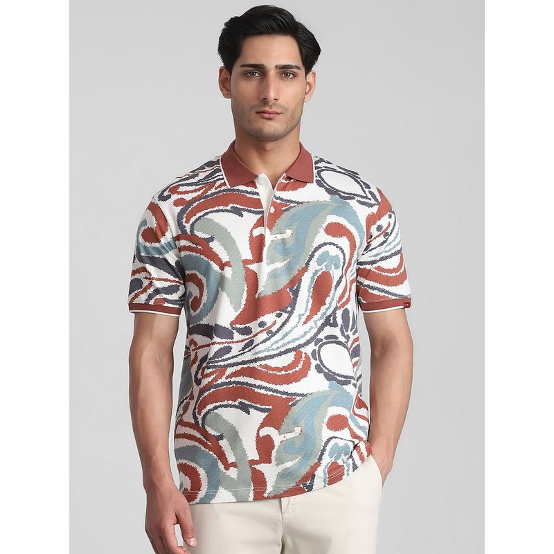 Mufti Men Brown Abstract Regular Fit Polo T-Shirt (L)