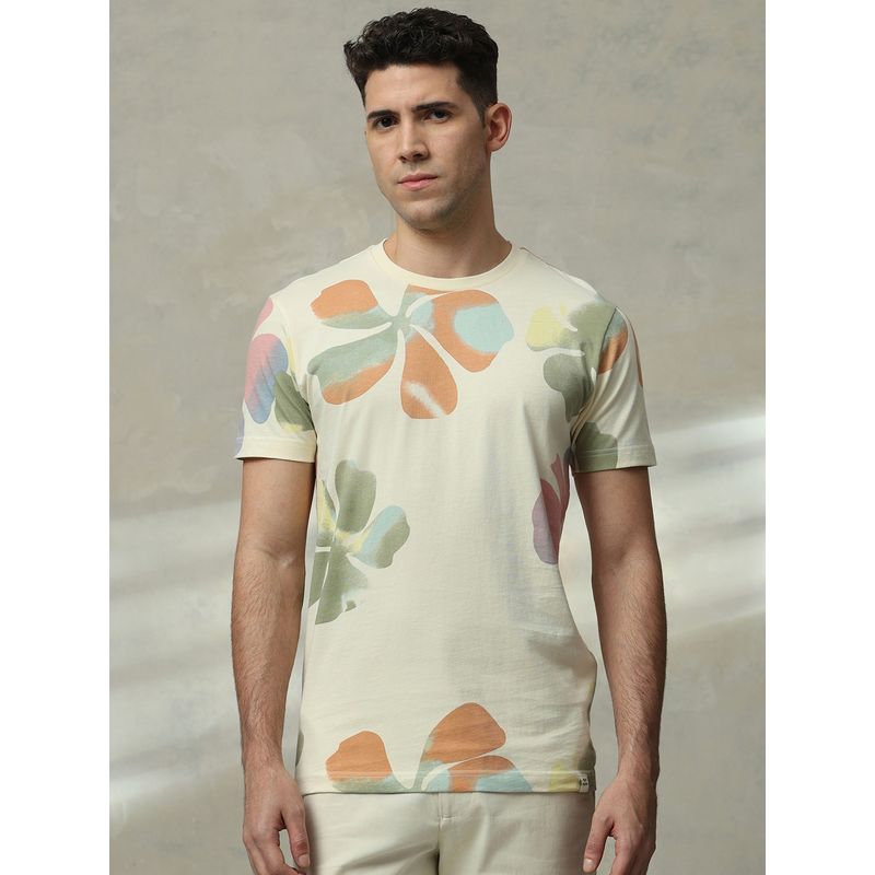 Mufti Men Off White Floral Slim Fit T-Shirt (M)