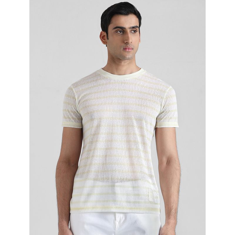 Mufti Men Yellow Stripes Slim Fit T-Shirt (M)