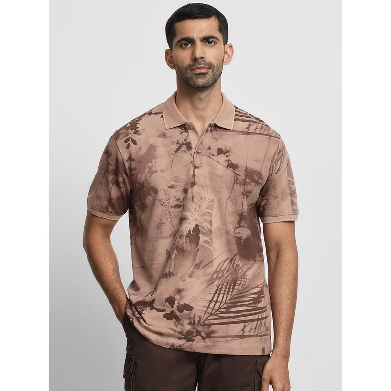 Mufti Men Brown Floral Slim Fit Polo T-Shirt (M)