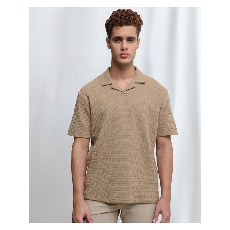 Mufti Men Khaki Textured Regular Fit Polo T-Shirt (M)