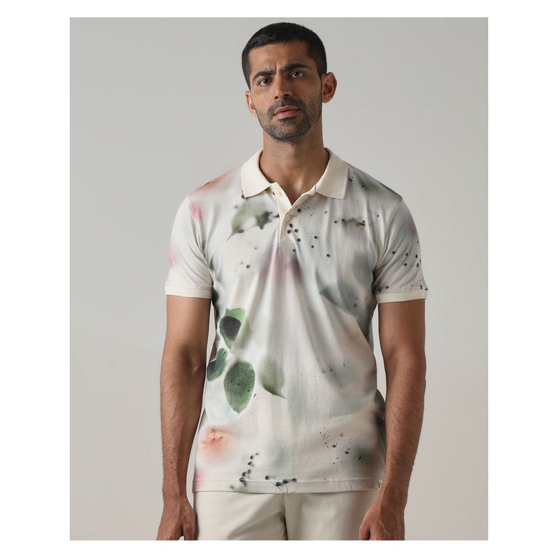 Mufti Men Off White Floral Slim Fit Polo T-Shirt (M)
