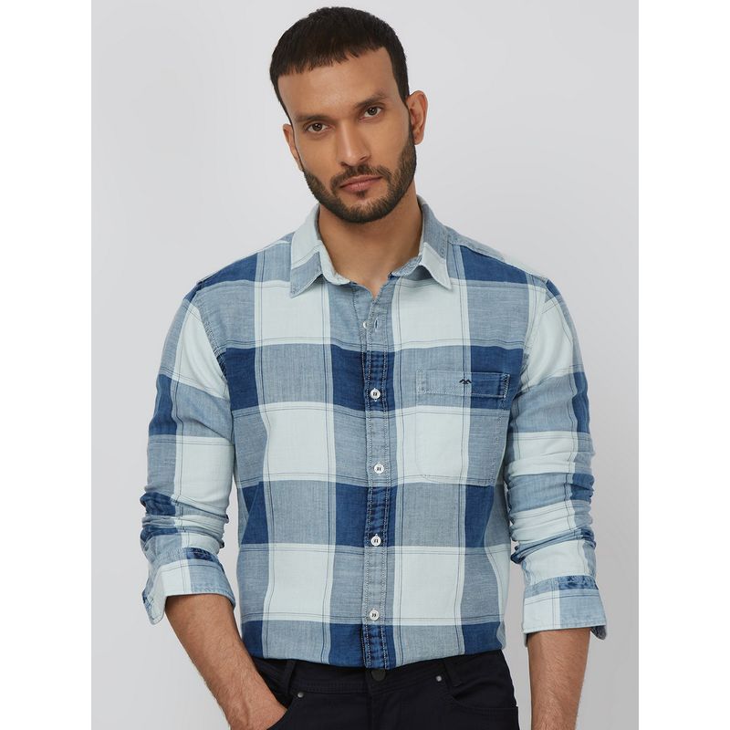 Mufti Men Indigo Checks Slim Fit Shirt (L)