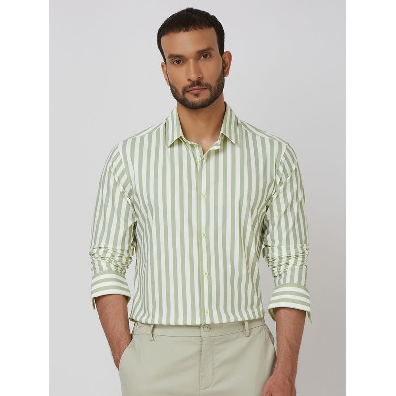 Mufti Men Green Stripes Slim Fit Shirt (XL)