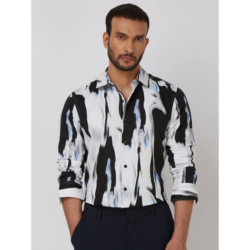 Mufti Men White Abstract Slim Fit Shirt (XL)