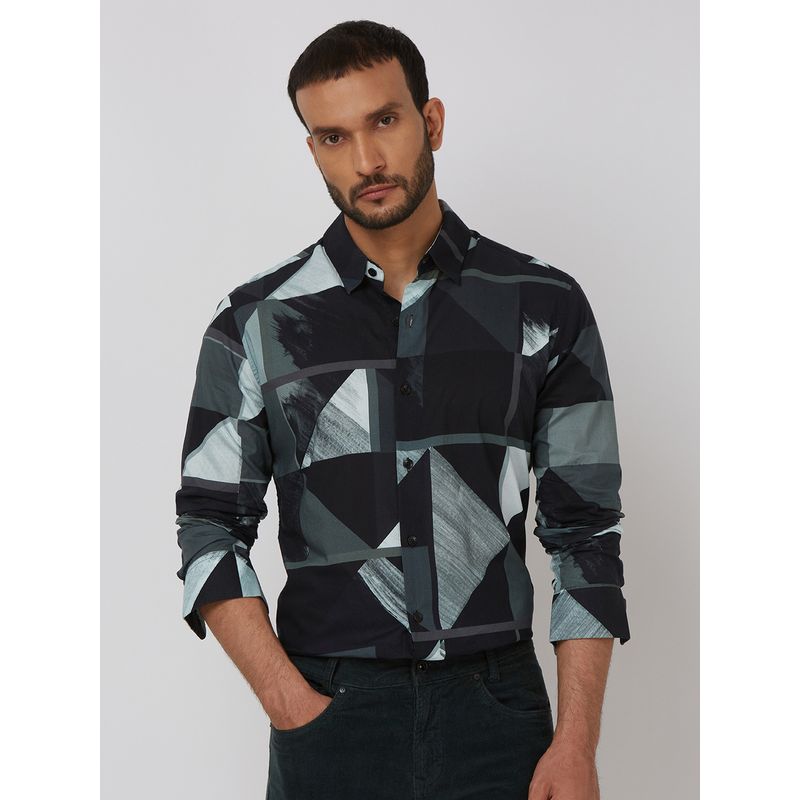Mufti Men Black Abstract Slim Fit Shirt (XL)