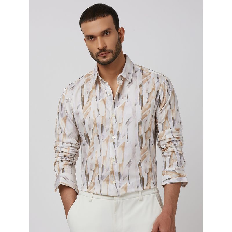 Mufti Men Beige Abstract Slim Fit Shirt (4XL)