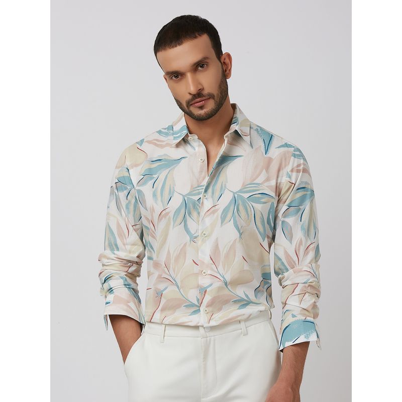 Mufti Men White Floral Slim Fit Shirt (2XL)