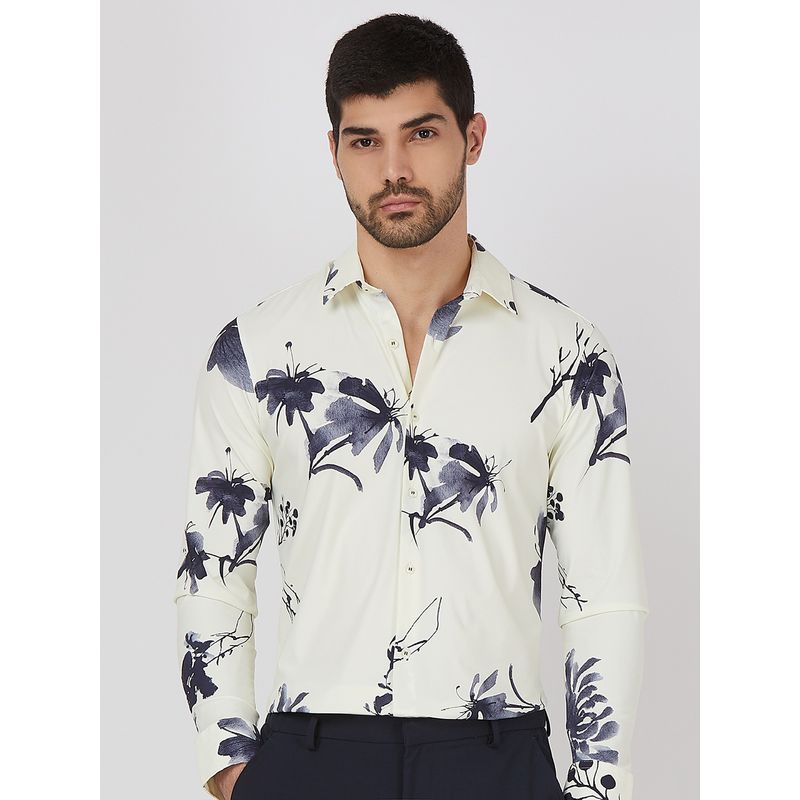 Mufti Men Off White Floral Slim Fit Shirt (M)
