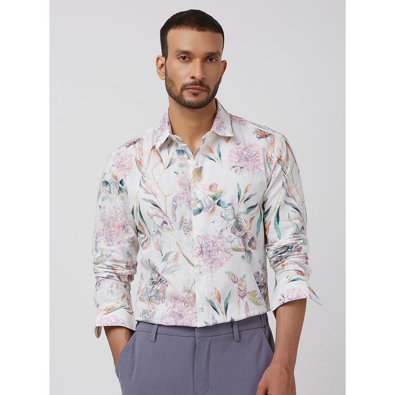 Mufti Men White Floral Slim Fit Shirt (XL)