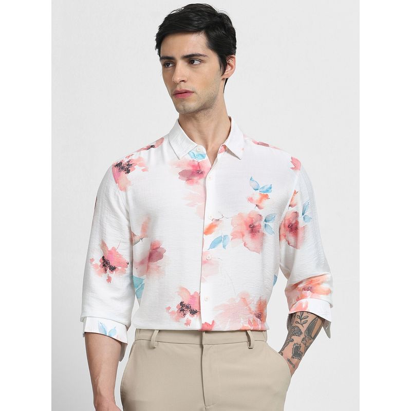 Mufti Men White Floral Slim Fit Shirt (XL)