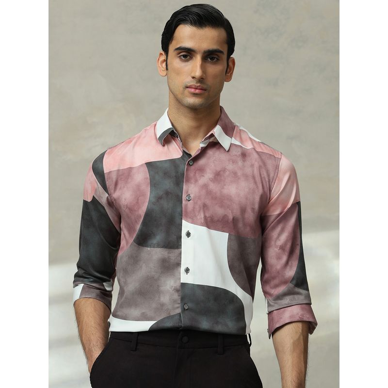 Mufti Men Mauve Abstract Slim Fit Shirt (XL)