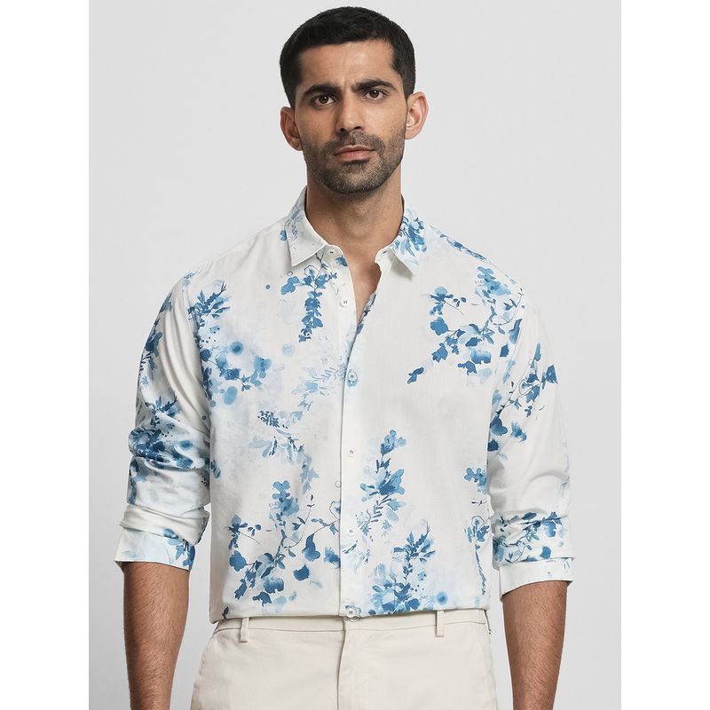 Mufti Men Off White Floral Slim Fit Shirt (L)