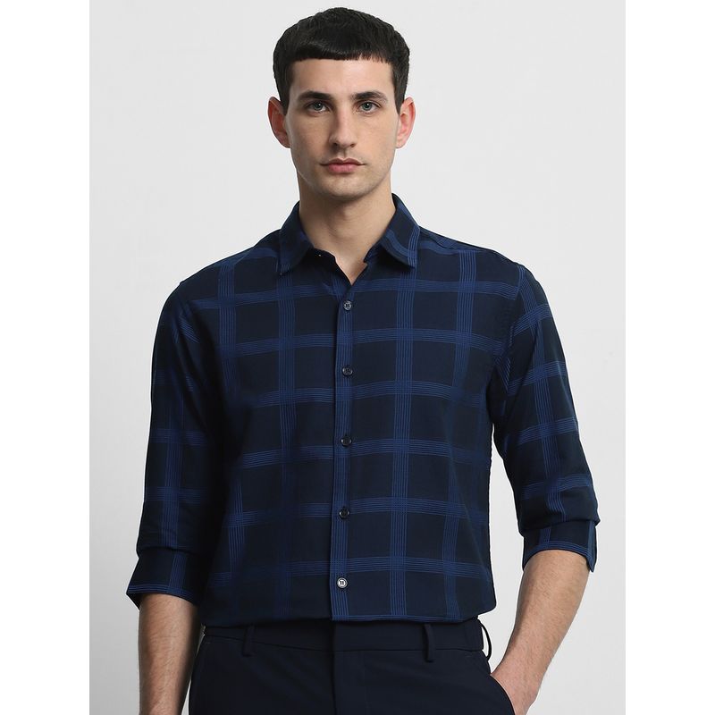 Mufti Men Navy Blue Checks Slim Fit Shirt (XL)
