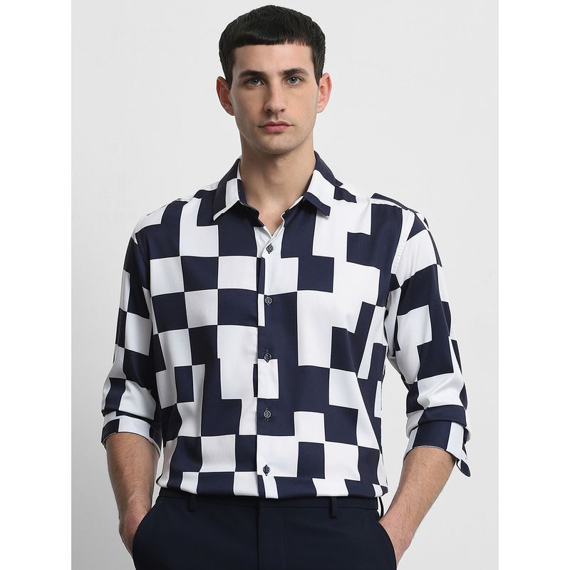 Mufti Men Navy Blue Checks Slim Fit Shirt (L)