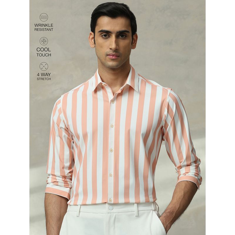 Mufti Men Peach Stripes Slim Fit Shirt (XL)