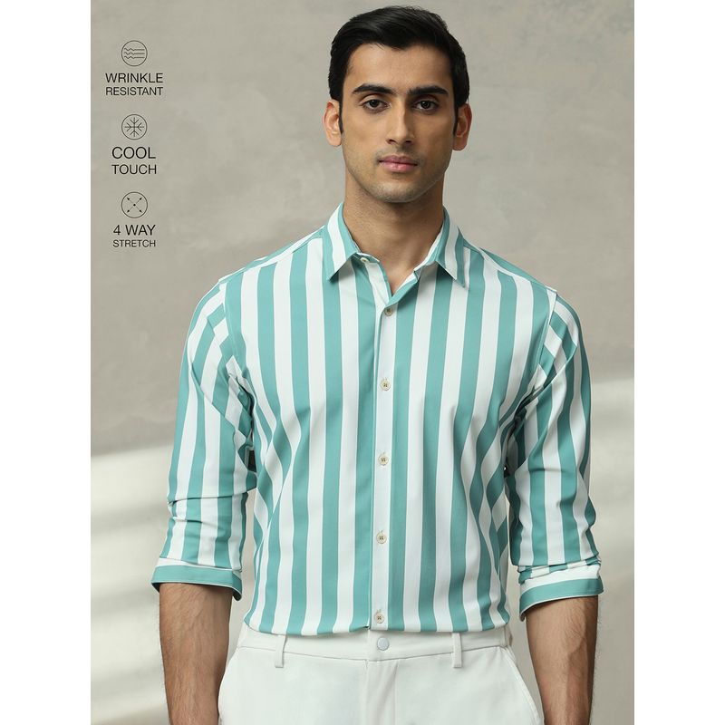Mufti Men Teal Stripes Slim Fit Shirt (XL)