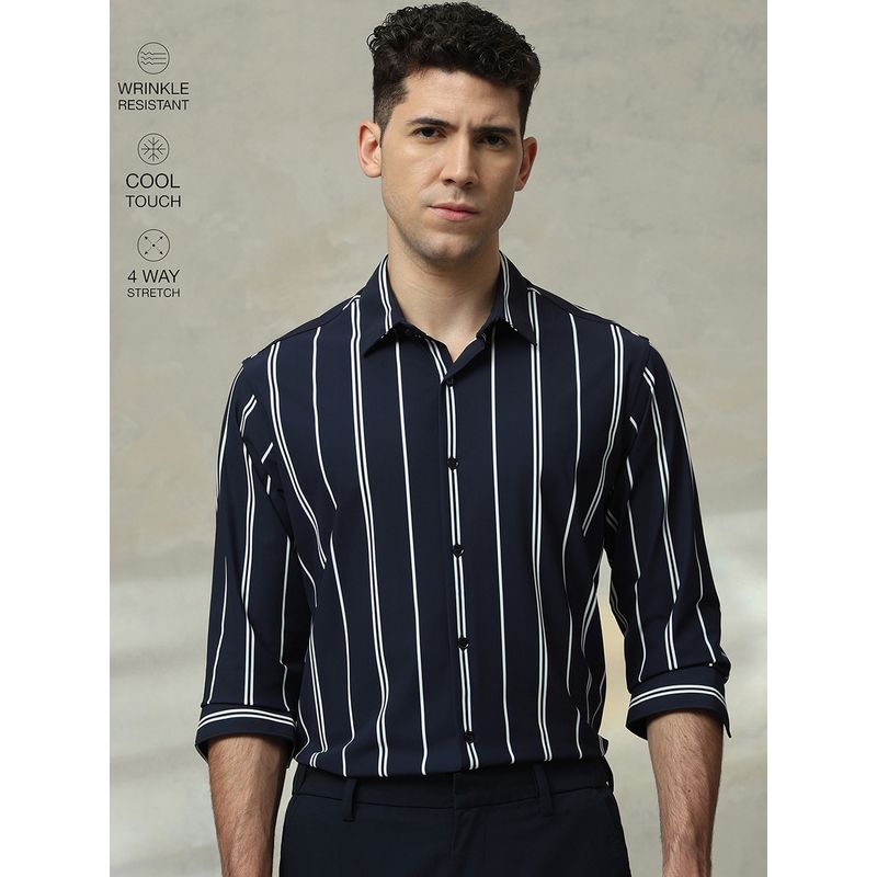 Mufti Men Navy Blue Stripes Slim Fit Shirt (XL)