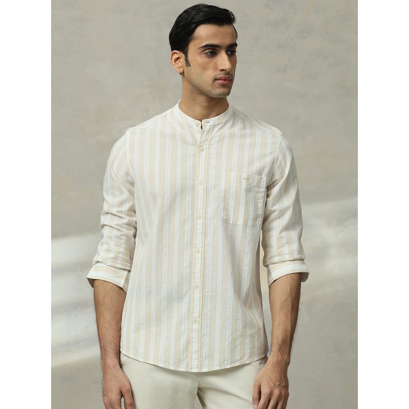 Mufti Men Beige Stripes Slim Fit Shirt (2XL)