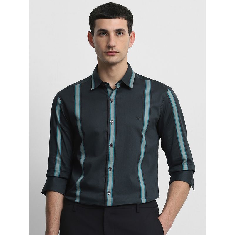 Mufti Men Green Stripes Slim Fit Shirt (M)