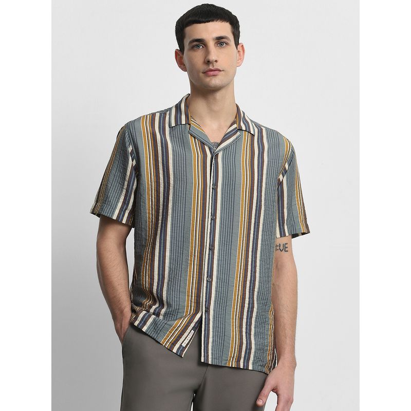 Mufti Men Teal Stripes Relaxed Fit Shirt (XL)